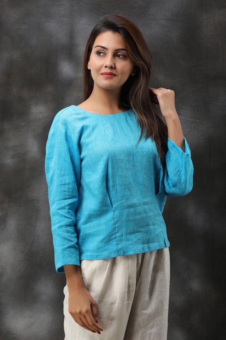 Natural Linen Tunic Linen Blouse Linen Top Womens Linen Blouse Round Neck Loose T-shirt Everyday Tunic Long Sleeves Linen Shirt