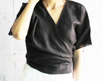 Black Linen Blouse,  Linen Kimono Wrap Dress,  Maternity Linen Dress, Linen Wrap Blouse, Linen Wrap Top, Victorian Blouse, Natural Linen Top