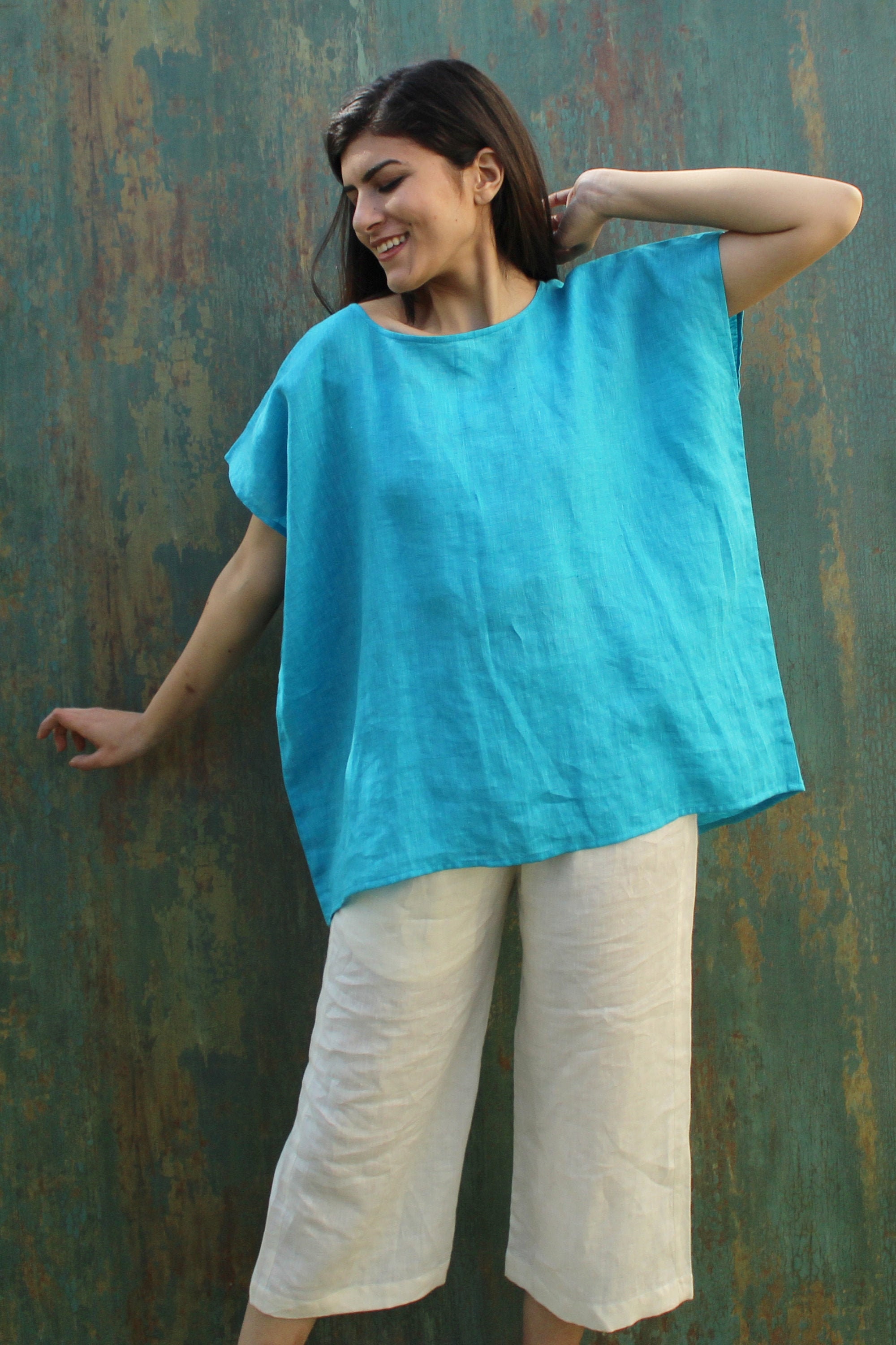 Square Linen Top Oversized Linen Top Wide Neck Top Comfy Etsy