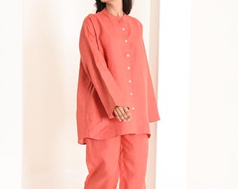 Linen Two-Piece Set, Oversized Shirt & Trousers, Eco-Friendly Summer Outfit, Linen Button Casual Shirt, Loose Wide Pants, Plus Size