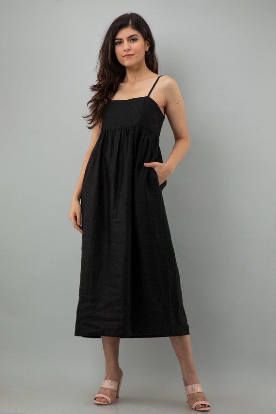 Black Linen Maxi Dress, Sleeveless Summer Dress with Straps, Minimalist Handmade Casual Dress with Pockets, Plus Size Clothing