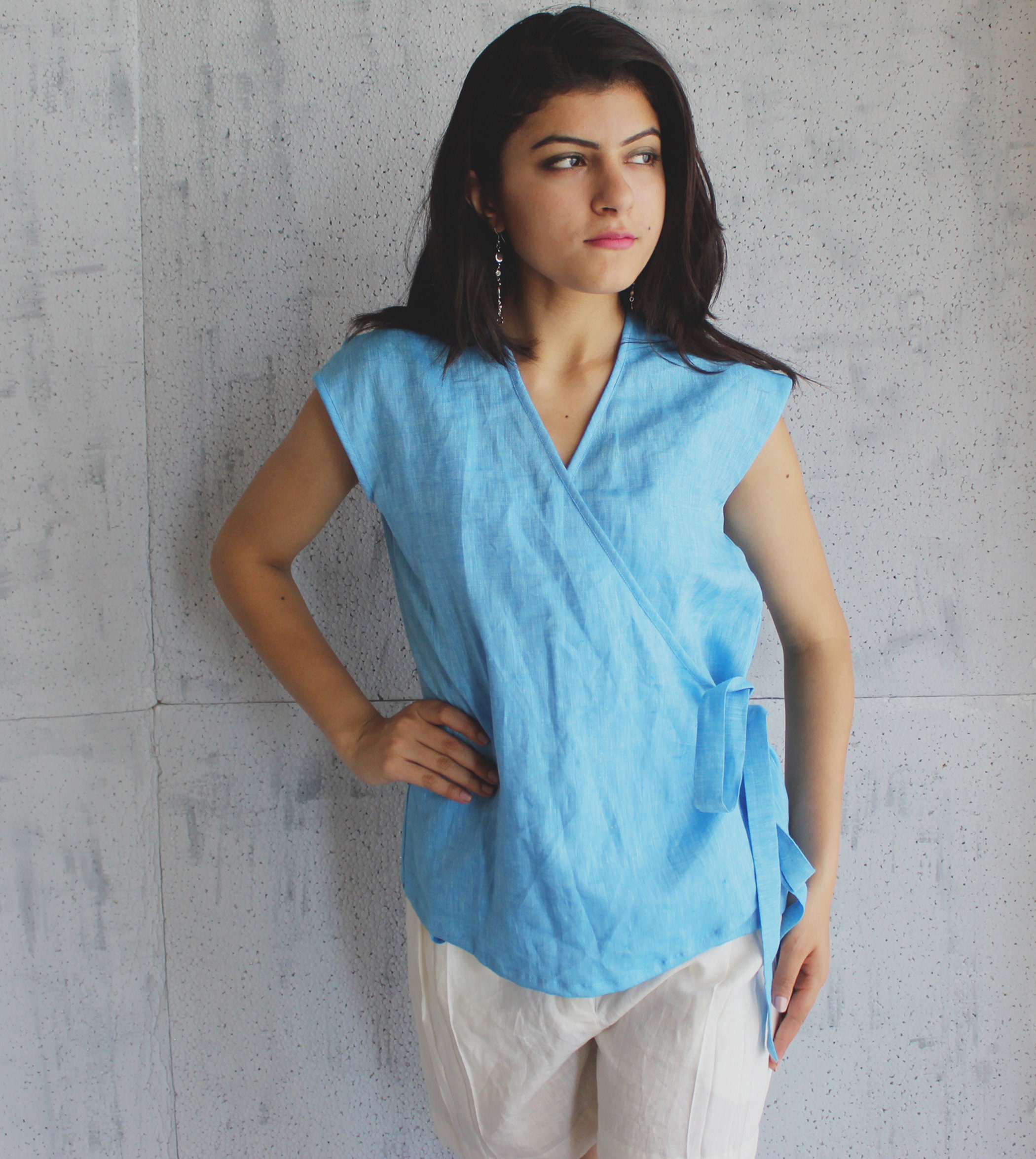 Linen Wrap Top Linen Wrap Blouse Drop Shoulder Tie Front Etsy