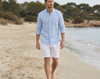 Men's Pure Linen Shirt, Relaxed Fit, Breathable European Fabric, Summer Beach Wear