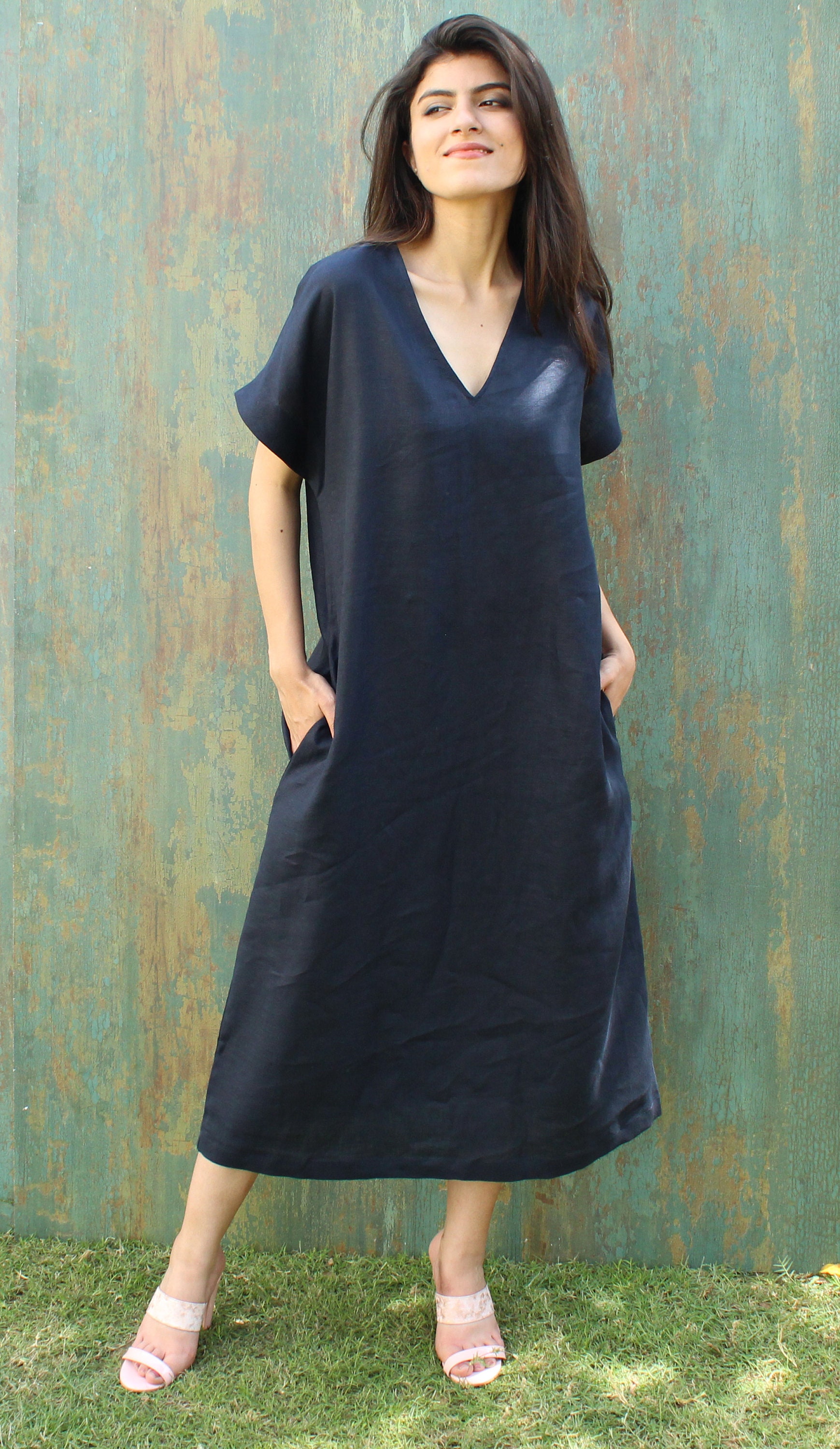 blue linen dress with pockets Linen Dress With Pockets