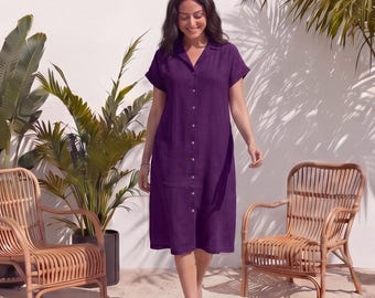 Linen Relaxed Fit Button Down Midi Dress, Button Front, Nursing Dress, Cottagecore Dress, Oversized Tunic with Pockets