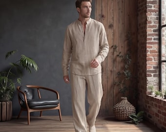 Linen clothes for Men, Relaxed Fit Linen Shirt with Mandarin Collar, Men's Linen Shirt, Modern Fit, Men Linen Resort Wear
