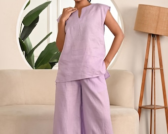 Pink Linen Matching Set: Sleeveless Top & Wide Leg Pants