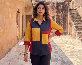 Red Blue Yellow Colorblock Linen Top, Linen Multi Color Shirts for Women, Pure Linen Clothing, Handmade Custom Linen Clothing