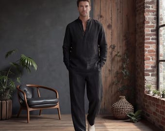 Linen Shirt for Men, Relaxed Fit Linen Shirt with Mandarin Collar, Pure Linen Button-Up Shirt, Tailored Fit, Custom Length