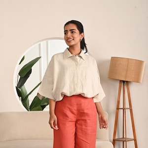 Loose Fit Linen Collared Shirt: Custom 3/4 Sleeves, Plus Size Available