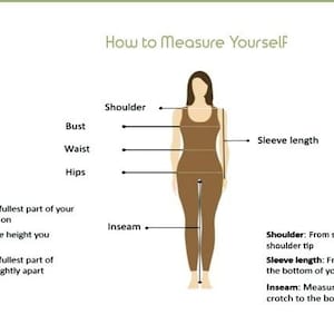 May include: Diagram showing how to measure different parts of the body for clothing, including bust, waist, hips, shoulder, sleeve length, and inseam.