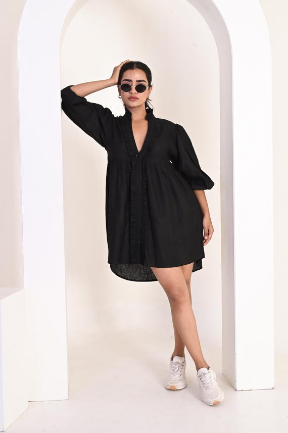 chinese dress ladies Black Linen Square Neck Mini Dress main image 0