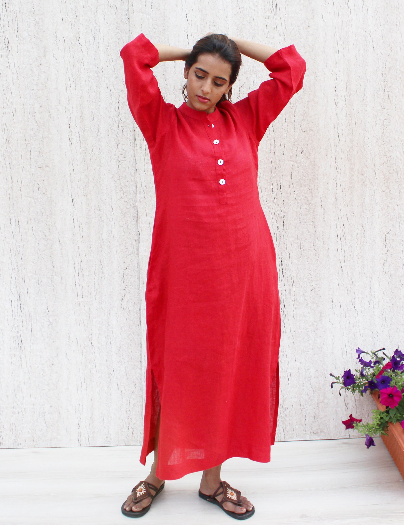 Red Linen Dress With Slits Long Sleeves Tunic Soft winter Etsy