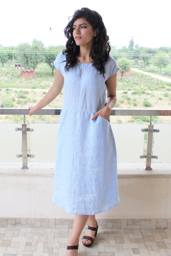 Linen Tunic Dress with Pockets Loose Fit Loungewear Drop Shoulder Dress Knee Length Washed Linen Tunic Pehrodesign
