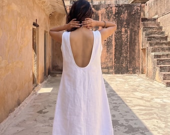 Robe droite mi-longue en lin blanche avec encolure dégagée et dos en U profond, robe d'été midi coupe ample, lin grande taille