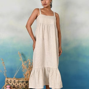 Linen Sleeveless Tiered Midi Dress, Dress with Square Neckline And Pockets, Maxi linen dress, Sleeveless linen dress, Gift for Mom