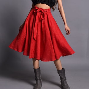 Women Linen Skirt, Skater Round Skirt, Flared Midi Skirt, Knee Length Circle Skirt With Belt, Customized Skirt image 5