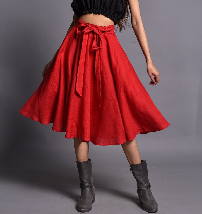 Women Linen Skirt, Skater Round Skirt, Flared Midi Skirt, Knee Length Circle Skirt With Belt, Customized Skirt image 5