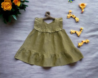 Olive Linen Dress, Baby Linen Sleeveless Dress, Toddler Linen Boho Dress, Summer Dress for Girls, Flower Girl Dress, Girl Linen Dress