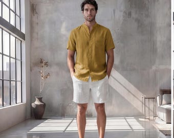 Herren Relaxed Fit Kurzarm Hemd mit Stehkragen, Oversize Hemd Männer, Geschenk für Ihn, Strand Leinenhemd Männer, Herren Partykleidung