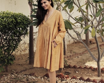Linen Midi Dress, Full Sleeve Flowy Dress with Pockets, Plus Size Clothing, Handmade Linen Midi Dress, Summer Beach Party Dress For Women