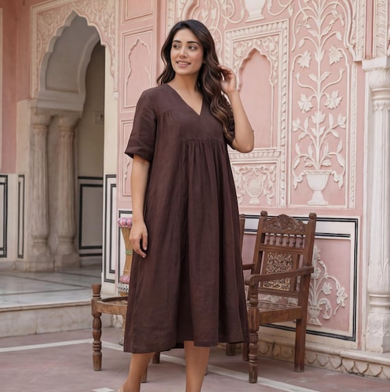 linen a line dresses for women A-line Knee-length Dress With V-neckline and Empire Waist, Linen Clothes, Linen Summer Plus Size Color:Golden Roses V-neck wedding dresses ASTR The Label Cytherea just choose from any