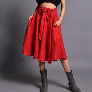 Women Linen Skirt, Skater Round Skirt, Flared Midi Skirt, Knee Length Circle Skirt With Belt, Customized Skirt image 2