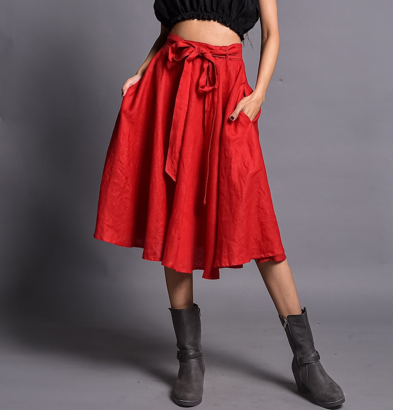 Women Linen Skirt, Skater Round Skirt, Flared Midi Skirt, Knee Length Circle Skirt With Belt, Customized Skirt image 2