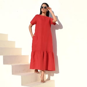 Relaxed Fit Midi Dress with Gathered Hemline, Linen Midi Dress with Pocket, Half Sleeve Summer Dress with Pockets, Casual Dress for Women