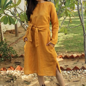 Linen Tunic, Long Sleeves Dress, Linen Dress With Belt, Linen Clothing, Linen Midi Dress, Loose Linen Dress, Plus Size Dress, Gift for Her image 3