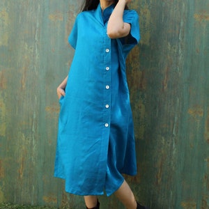 Linen Short Sleeve Shirt Dress With Pockets, Organic Linen Dress, Long Linen Shirt, Blue Linen Midi Dress image 5