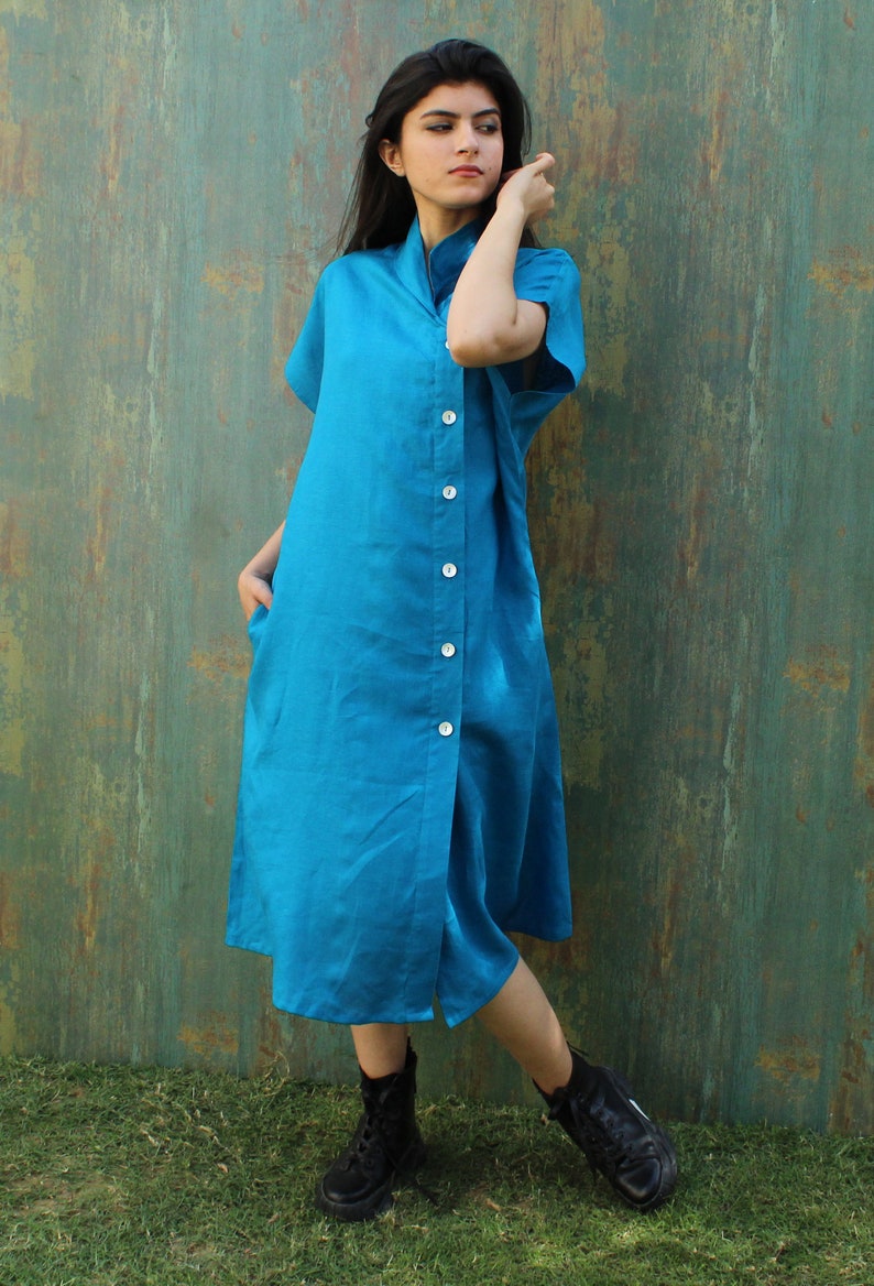 Linen Short Sleeve Shirt Dress With Pockets, Organic Linen Dress, Long Linen Shirt, Blue Linen Midi Dress image 5