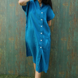 Linen Short Sleeve Shirt Dress With Pockets, Organic Linen Dress, Long Linen Shirt, Blue Linen Midi Dress image 6