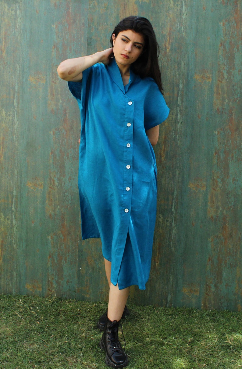 Linen Short Sleeve Shirt Dress With Pockets, Organic Linen Dress, Long Linen Shirt, Blue Linen Midi Dress image 6