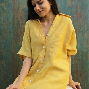 Short Sleeve Shirt Dress, Linen Shirt Dress, Button Up Shirt Dress, Maxi Shirt Dress, Loose Linen Shirt, Yellow Linen Dress, Plus Size Dress image 5