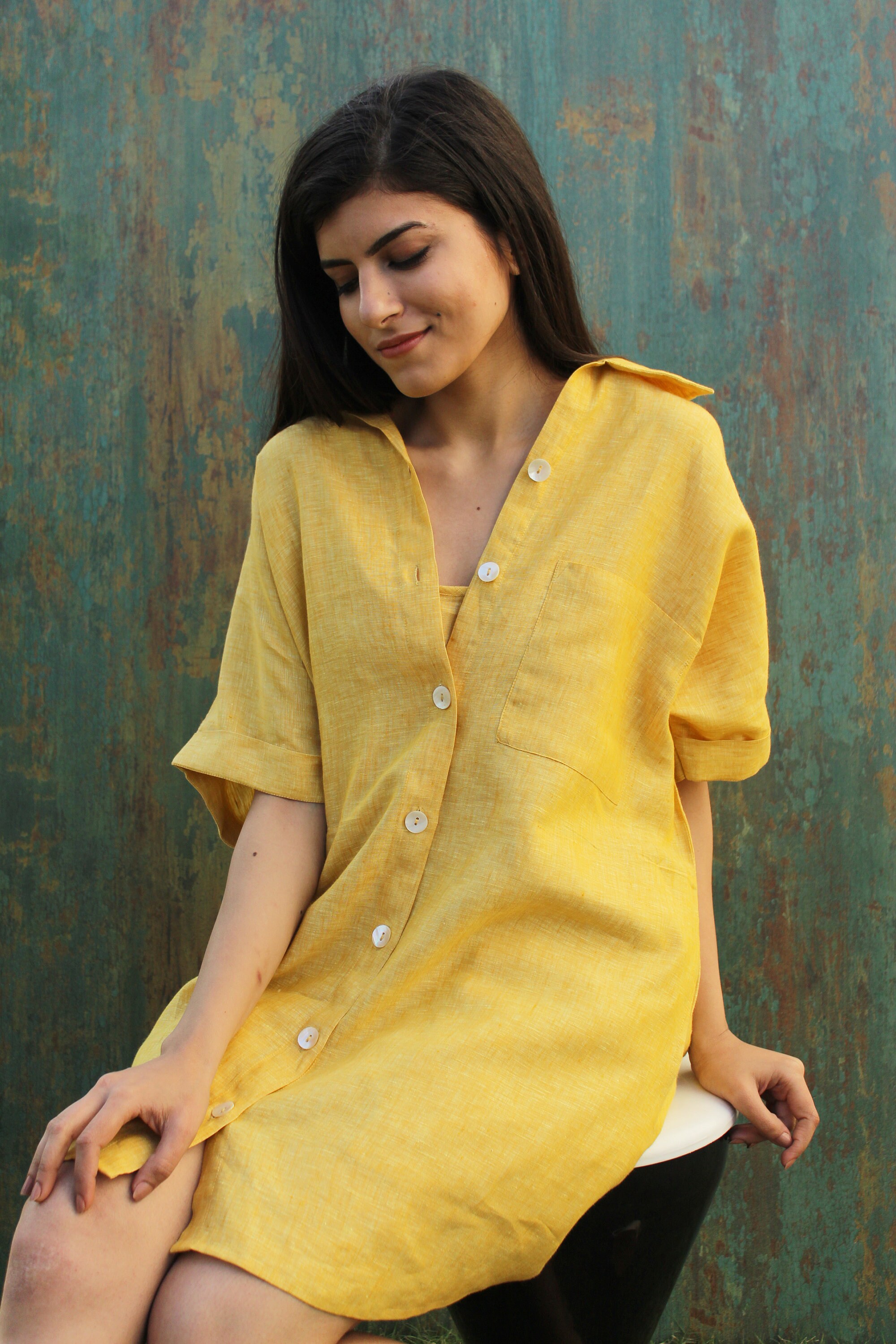 yellow dress shirts for women SUNNY Women's Yellow Linen Shirt  Short Sleeve & Custom Fit