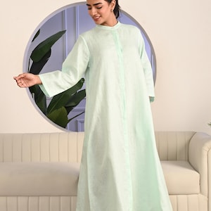 Linen Maxi Dress with Waist Tie, Full-length shirt dress with a belted waist, Long Sleeve Linen Pinafore Dress, Button Maxi Dress for Women