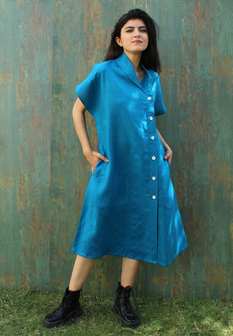 Linen Short Sleeve Shirt Dress With Pockets, Organic Linen Dress, Long Linen Shirt, Blue Linen Midi Dress image 1