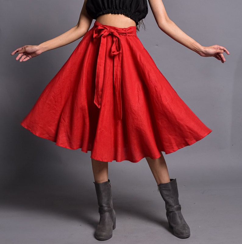 Women Linen Skirt, Skater Round Skirt, Flared Midi Skirt, Knee Length Circle Skirt With Belt, Customized Skirt image 1