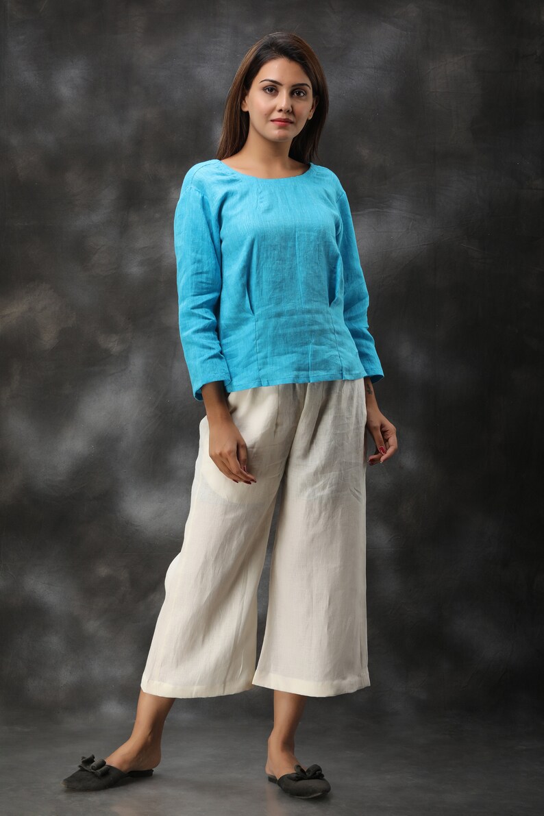 Natural Linen Tunic Linen Blouse Linen Top Womens Linen Blouse Round Neck Loose T-shirt Everyday Tunic Long Sleeves Linen Shirt