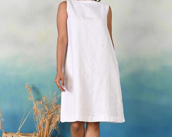 Weißes Leinenkleid, ärmelloses Sommerkleid mit U-Boot-Ausschnitt, Boho Kleid, Geburtstagsgeschenk, Geschenk für sie, lässiges Kleid