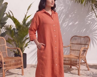 Linen Shirt Dress with Pockets and 3/4th Sleeves, Lightweight Linen Tunic for Women Summer tunic