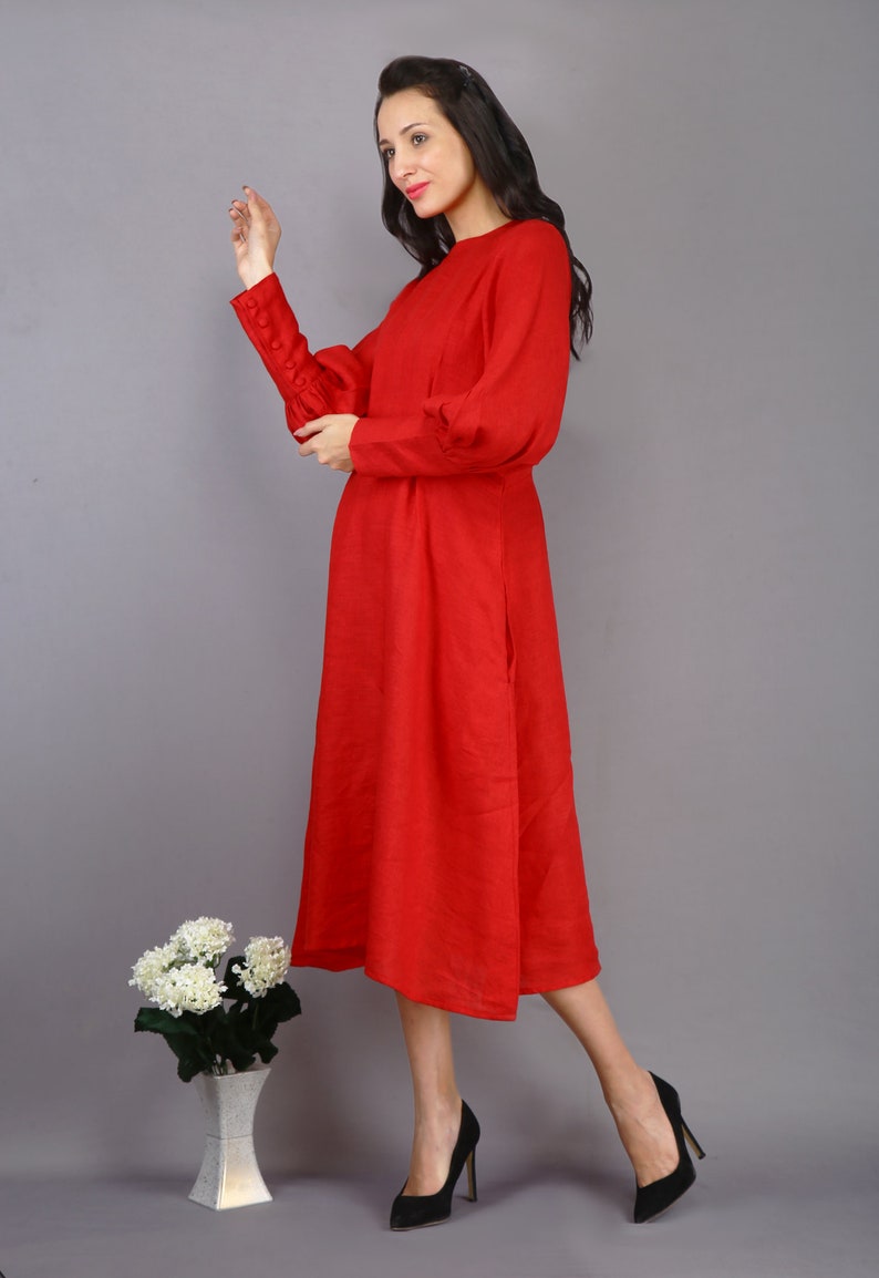 Red Linen Dress, Midi Dress, Plus Size Clothing, Bridesmaid Dress, Vintage Dress, Maxi Dress, Cocktail Dress, Party Dress With Pockets image 5
