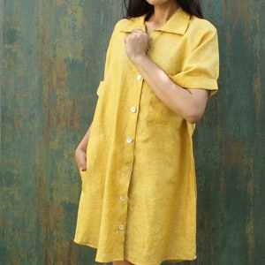 Short Sleeve Shirt Dress, Linen Shirt Dress, Button Up Shirt Dress, Maxi Shirt Dress, Loose Linen Shirt, Yellow Linen Dress, Plus Size Dress image 3