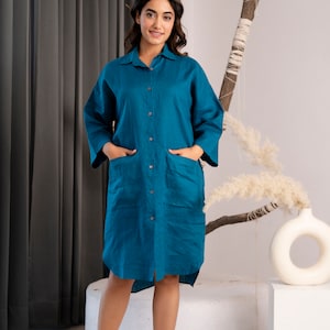 Teal Linen Tunic Top: Long Sleeve Oversized Shirt with Pockets