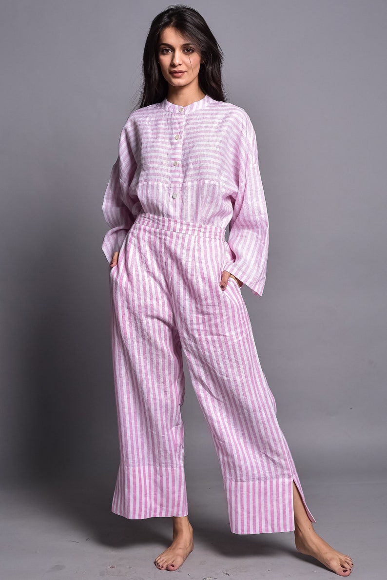Linen Pajama Set, Linen Shirt and Linen Pants, Two Piece Set, Womens Linen Sleepwear Set, Linen Loungewear, Loose Pants, Wide Trousers image 2