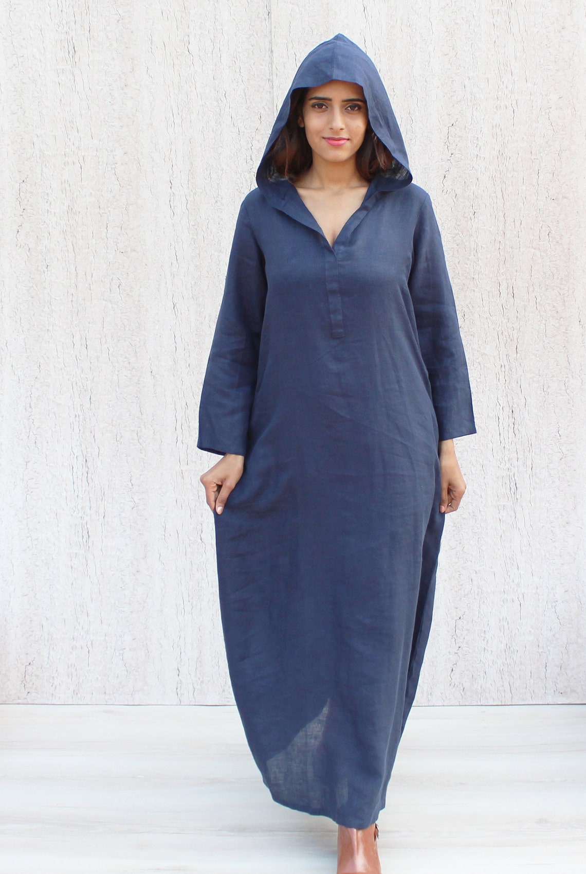 100 Linen Dress Blue Linen Dress Hooded Dress Washed Linen Etsy
