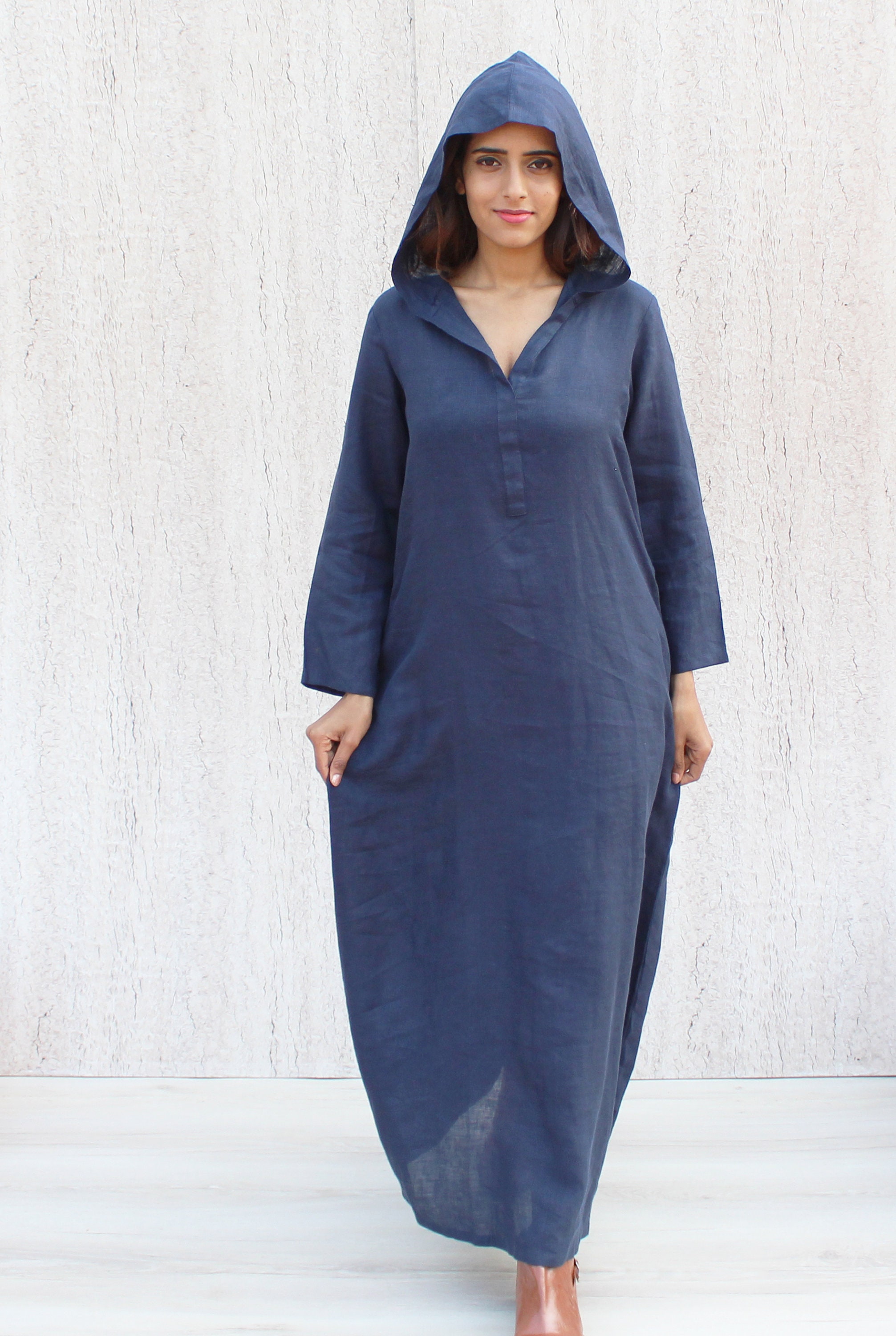 100 Linen Dress Blue Linen Dress Hooded Dress Washed Linen Etsy