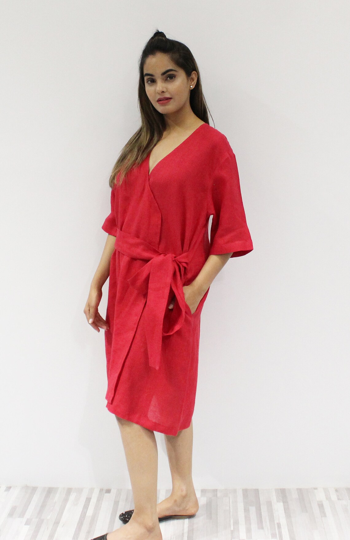 Knee Length Linen Wrap Dress with belt Holiday Dress Red Linen Etsy
