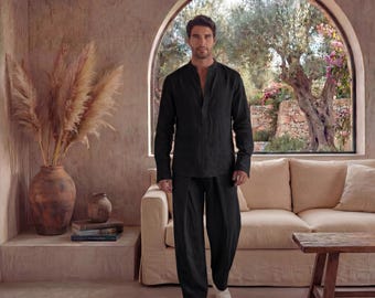 Mens Linen Shirt, Black Linen Shirts for Men, Long Sleeve Button Down Shirt for Men, Lightweight Relaxed Fit Gift for Husband